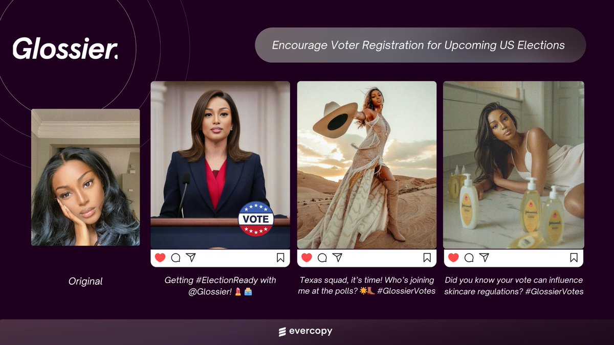 evercopyai's tweet photo. Enters the first Collaborative Ad Network, bridging brands with everyday consumers to advertise together using AI - something that was never possible before.

This is how it would work for @glossier 's campaign 🗳️

💌 Available to selected brands: collab@evercopy.ai. https://t.co/IoTjpufDdV