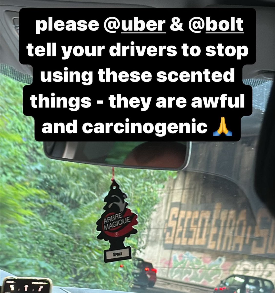 Dear <a href="/Uber/">Uber</a> &amp; <a href="/boltapp/">Bolt</a> - PLZ 4 the LUV of all that is right in this world tell your drivers to STOP using these scented products that give us headaches, make us want to puke, &amp; cause cancer. And make me want to buy a car so I never have to smell these again!