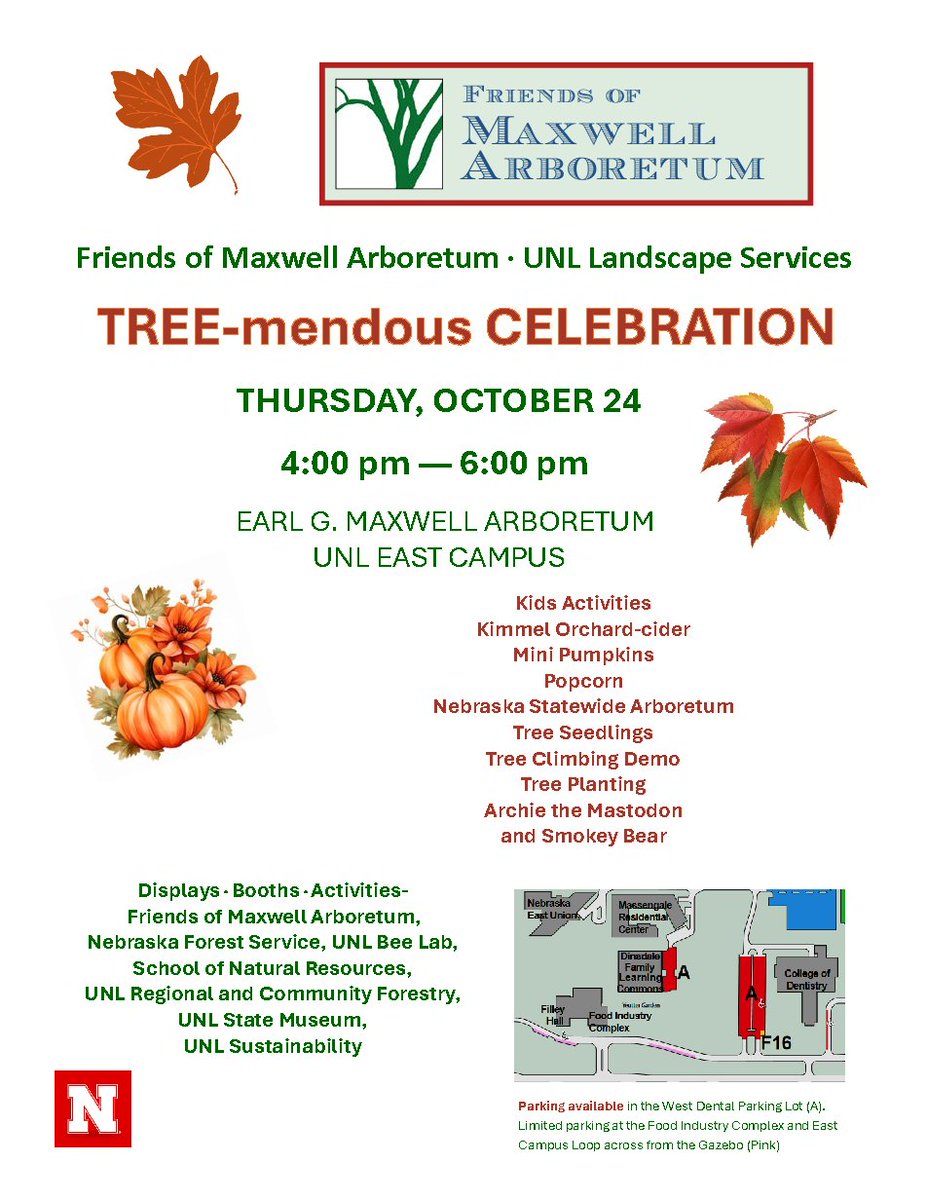 Maxwell Arboretum is hosting its TREE-mendous Celebration Thurs Oct 24, 4 - 6 PM. Check out all the cool things to do in the garden! Kids Activities 🍂Kimmel Orchard Cider 🍎get a tree seedling 🪴See a tree climbing demonstration 🌳And much more #NEBEXT #IANR   #NEBPublicMedia