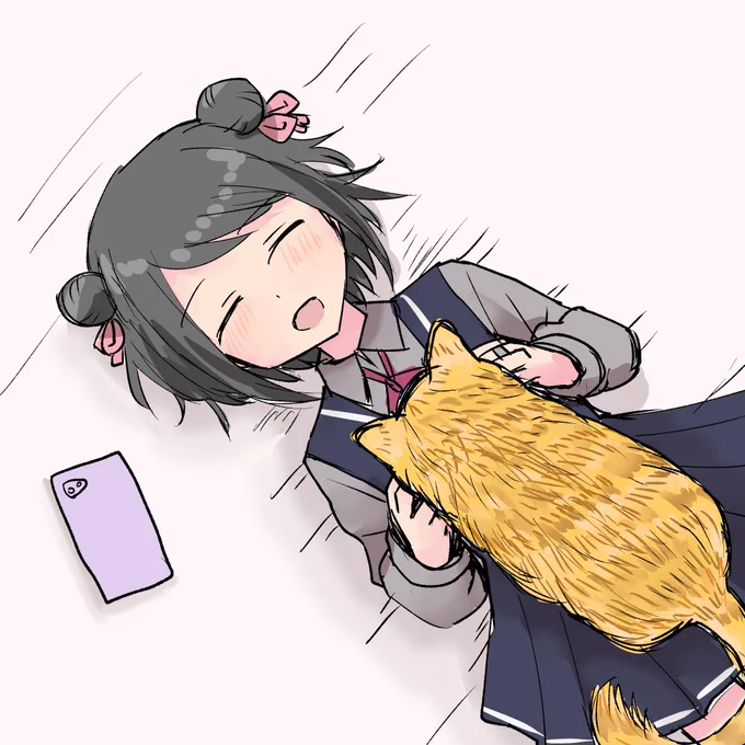 あおむけに横になっているとねこちゃんに乗られちゃう黒江ちゃん 