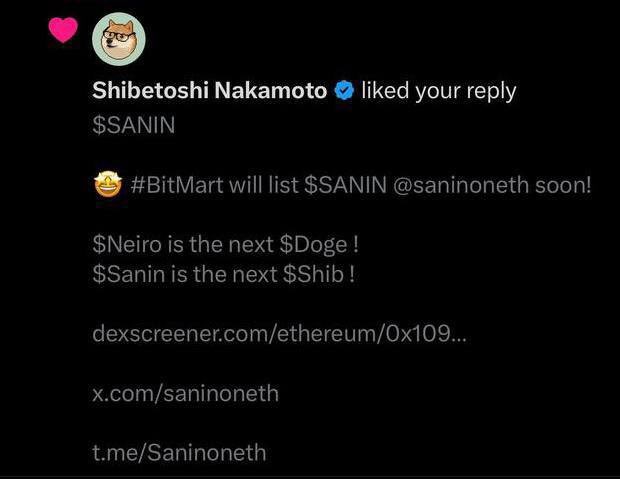 CryptoGodJay's tweet image. 狗爹 #DOGE 點贊，國外60萬大V喊單

和CZ還有過交流，好了有這幾點就夠了目前3.2M
#SANIN 

CA: 0xd3c5bdbc6de5ea3899a28f6cd419f29c09fa749f

錯過了 $shib 不要錯過 $sanin

@saninoneth