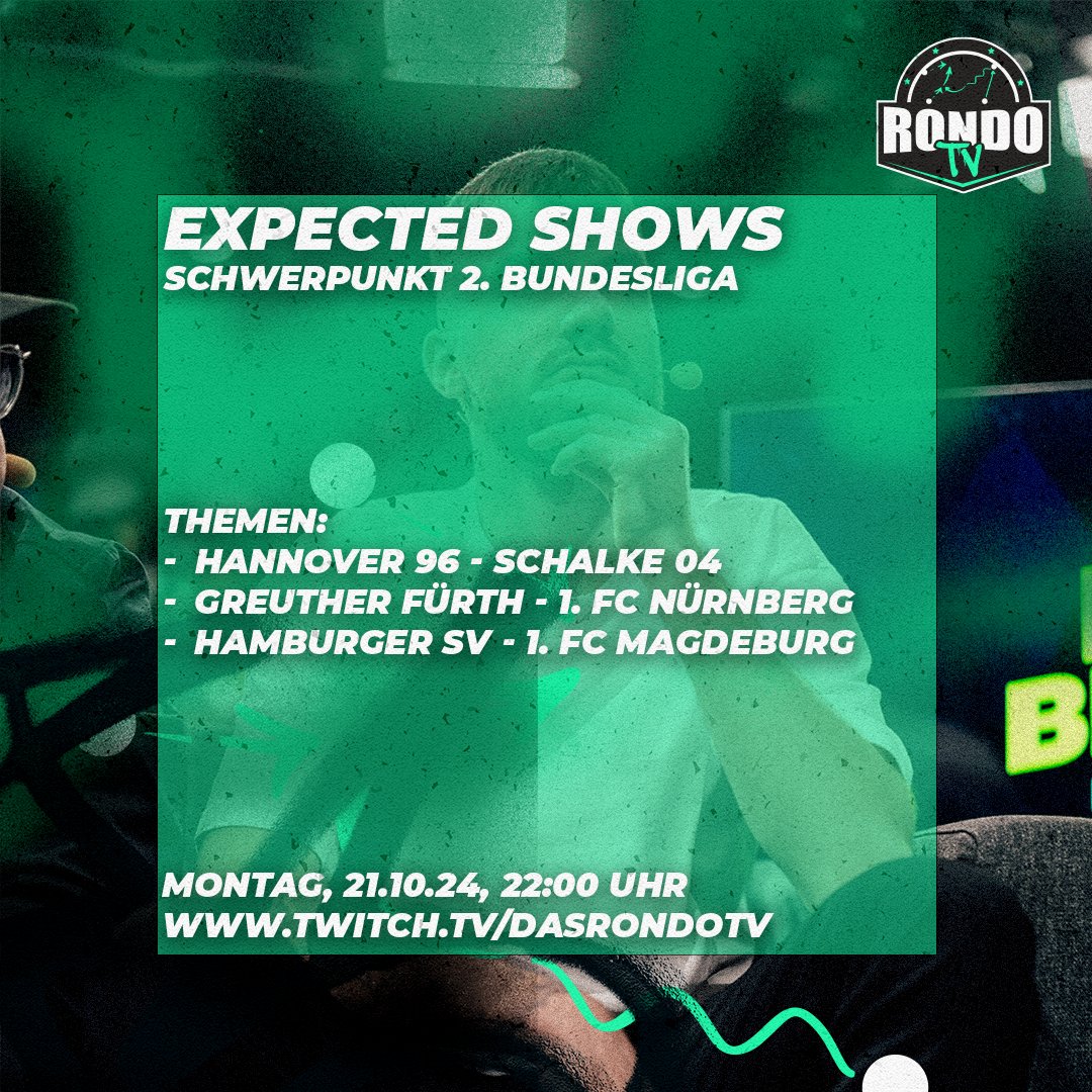 Wir sind heute wieder live! 🔥

Heute sprechen wir über das erste Spiel von Kees van Wonderen als Trainer von Schalke 04, den Nürnberger Kantersieg im Derby gegen Greuther Fürth und den Heimsieg des HSV gegen Magdeburg.

⏰ 21:00 auf twitch.tv/dasrondotv
