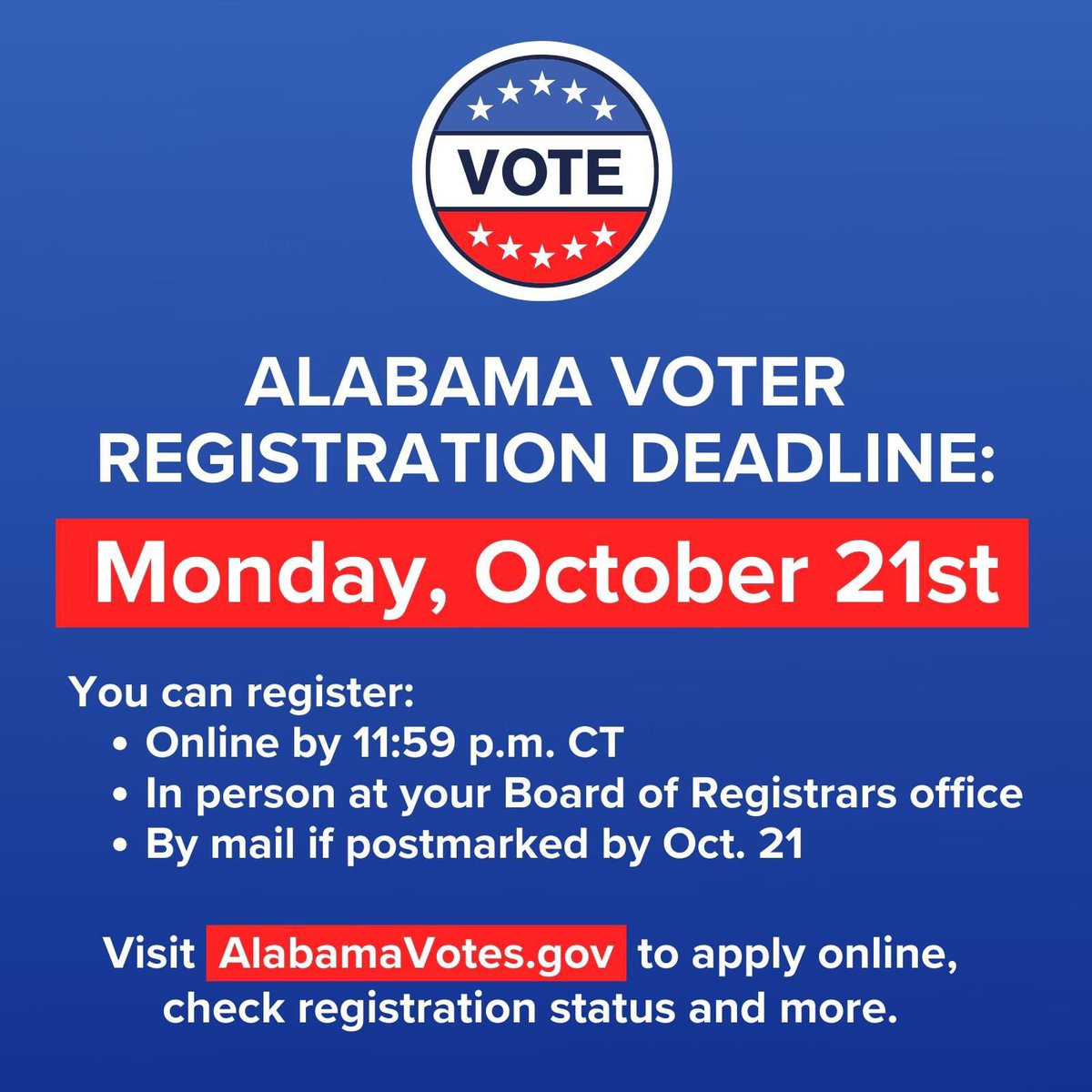 ALABAMA: Today is the LAST DAY to register to vote before the November 5th election! Visit AlabamaVotes.gov to apply online or check your registration status! 🗳️
