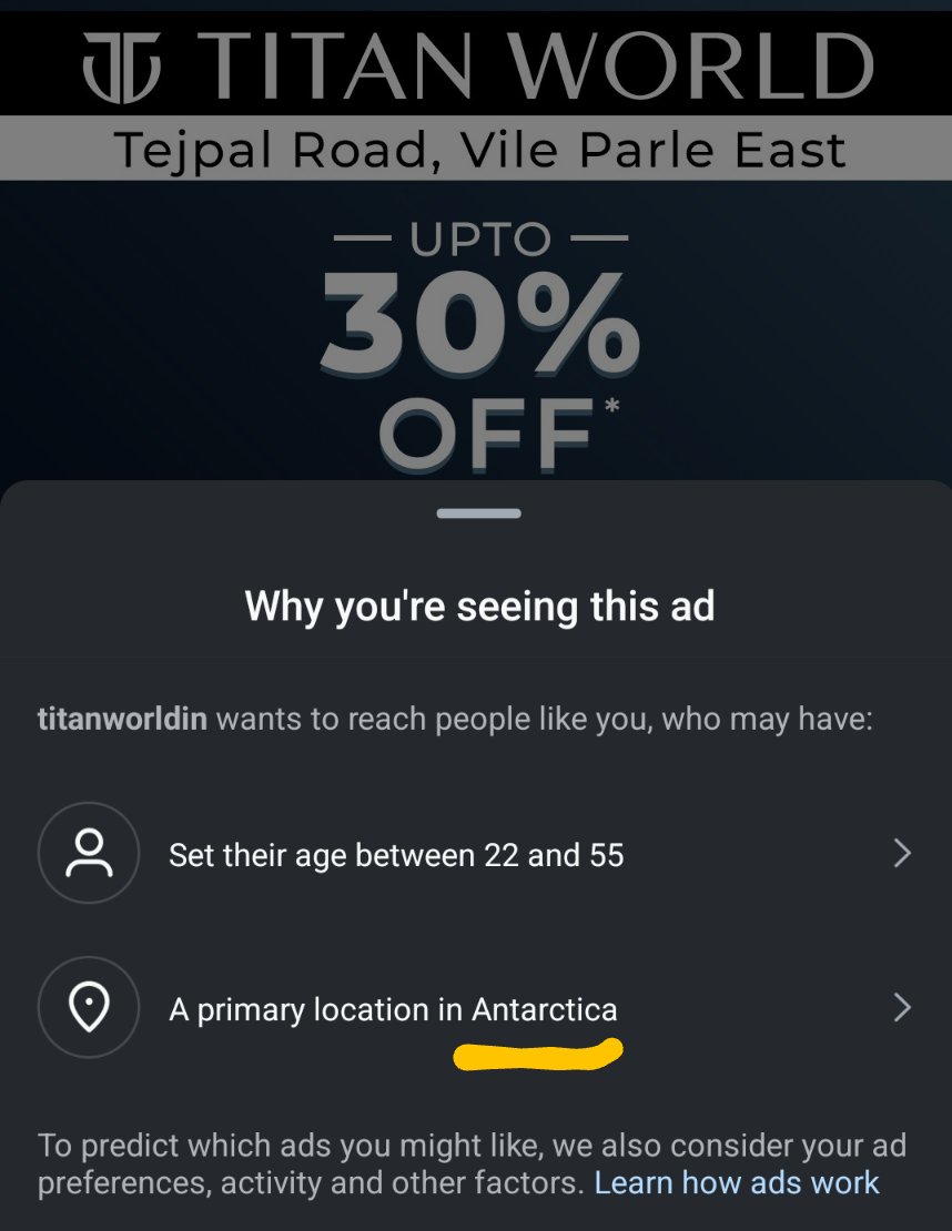 tuhinsde's tweet photo. Is it a glitch. am sure never went to Antarctica. Neither do use VPN. AND WHY ANTARCTICA??? Out of the 7 conts 🥲🥲
#adservice #instagramreels https://t.co/dakkFNs9le