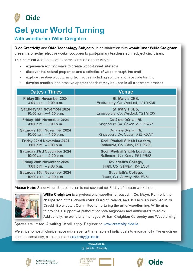 Oide Creativity (@oide_creativity) on Twitter photo In partnership with <a href="/Oide_PP_Tech4/">Oide Technology Subjects Post-primary</a> the autumn series of Get Your World Turning is taking place in Wexford, Cavan, Kerry and Galway. Don't miss this opportunity to engage in a practical workshop with <a href="/CreightonWood2/">Willie Creighton</a>. Place strictly limited, register here: creativity.oide.ie In partnership with <a href="/Oide_PP_Tech4/">Oide Technology Subjects Post-primary</a> the autumn series of Get Your World Turning is taking place in Wexford, Cavan, Kerry and Galway. Don't miss this opportunity to engage in a practical workshop with <a href="/CreightonWood2/">Willie Creighton</a>. Place strictly limited, register here: creativity.oide.ie
