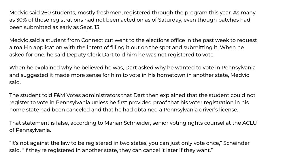 Voter suppression is real. College students in PA are being told they need to provide proof of cancelled voter registrations in other states and obtain a PA driver’s license to register to 
vote—this is NOT true. Know your state’s voting laws and your rights!