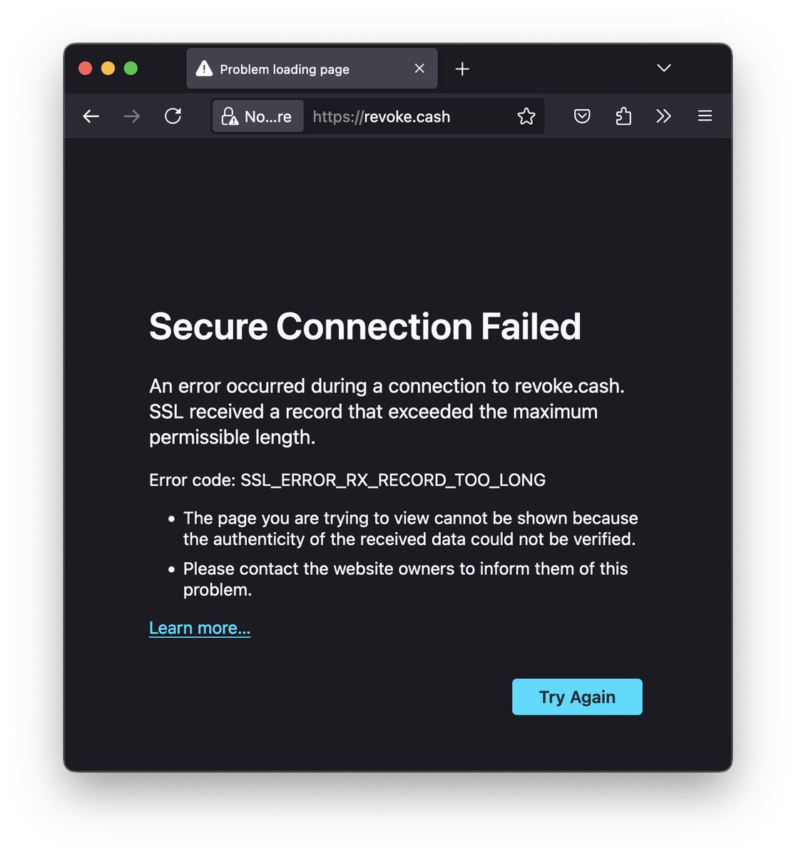 quico_eth's tweet photo. @RevokeCash I get this on the website on macOS Firefox and on Chromium 🤷‍♂️ https://t.co/885AFzgujq