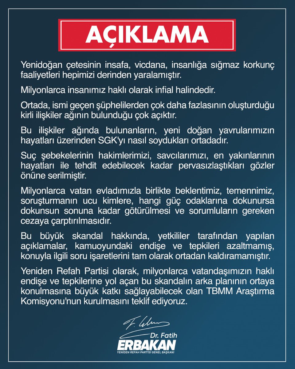 Yeniden Refah Partisi olarak, milyonlarca vatandaşımızın haklı endişe ve tepkilerine yol açan bu skandalın arka planının ortaya konulmasına büyük katkı sağlayabilecek olan TBMM Araştırma Komisyonu'nun kurulmasını teklif ediyoruz.

#FatihErbakan
#YenidenRefahPartisi
#YenidenRefah