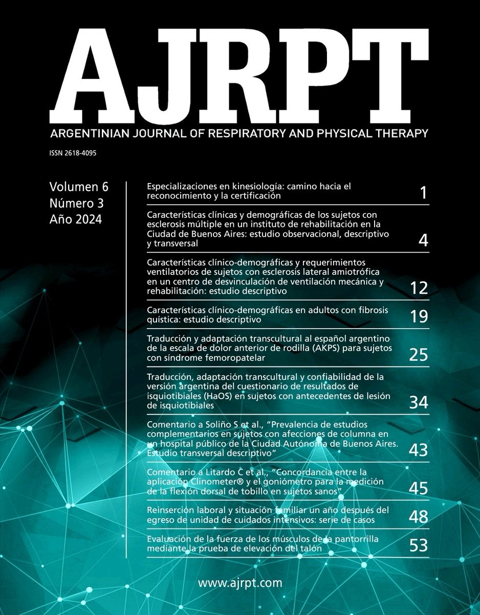 ¡Nuevo número de AJRPT! 📚📈
Volumen 6, Número 3.
Disponible a partir del 1 de Noviembre en ajrpt.com

#FisioterapiaRespiratoria #InvestigaciónMédica #AJRPT #scielo