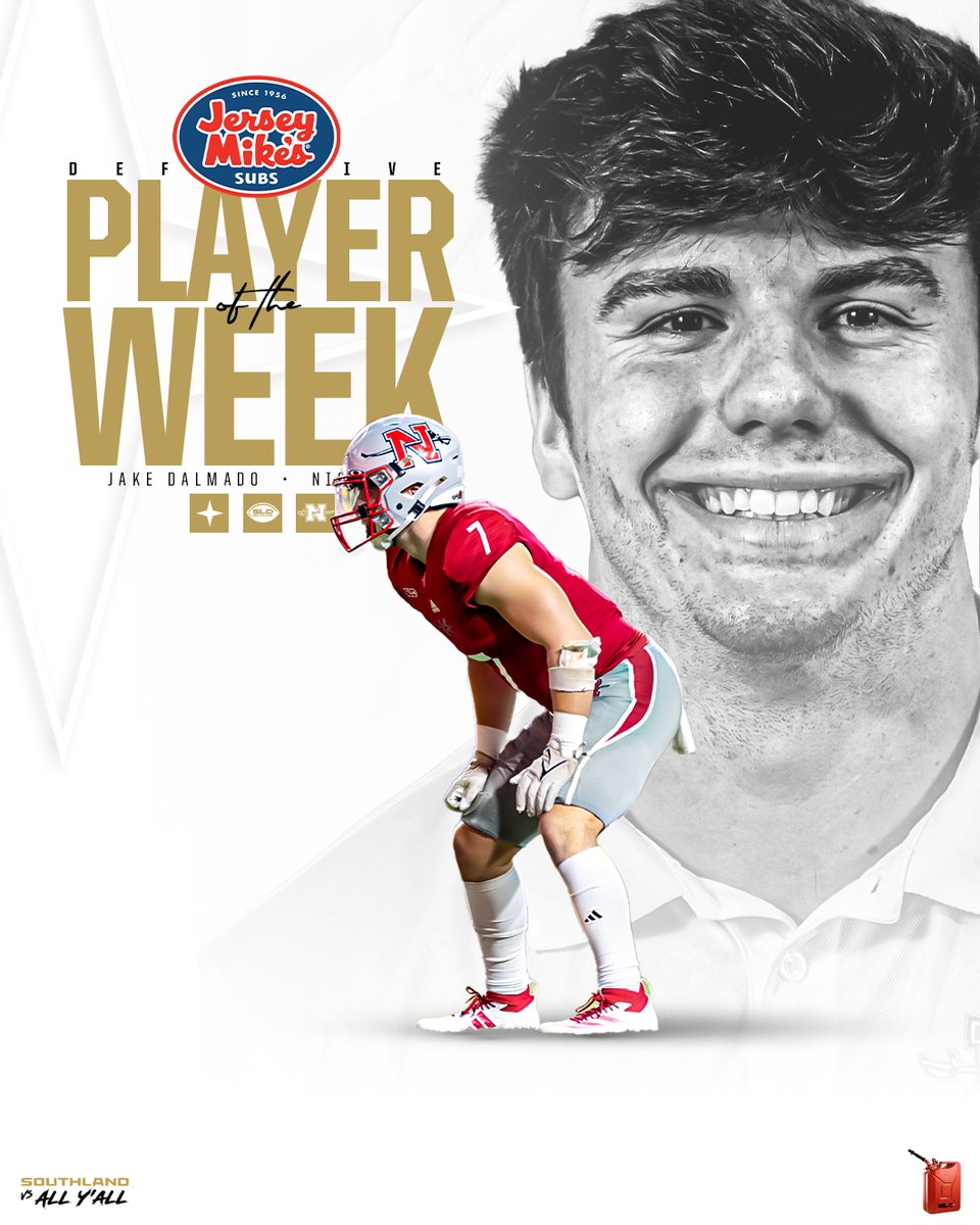 Southland Conference (@southlandsports) on Twitter photo DOMINANT PERFORMANCE
After a 10 tackle day that included 5.0 TFL, 3.0 sacks, and a fumble recovery, Nicholls linebacker Jake Dalmado has been named the <a href="/jerseymikes/">Jersey Mike's Subs</a> Southland Defensive Player of the Week!
#GTL DOMINANT PERFORMANCE
After a 10 tackle day that included 5.0 TFL, 3.0 sacks, and a fumble recovery, Nicholls linebacker Jake Dalmado has been named the <a href="/jerseymikes/">Jersey Mike's Subs</a> Southland Defensive Player of the Week!
#GTL