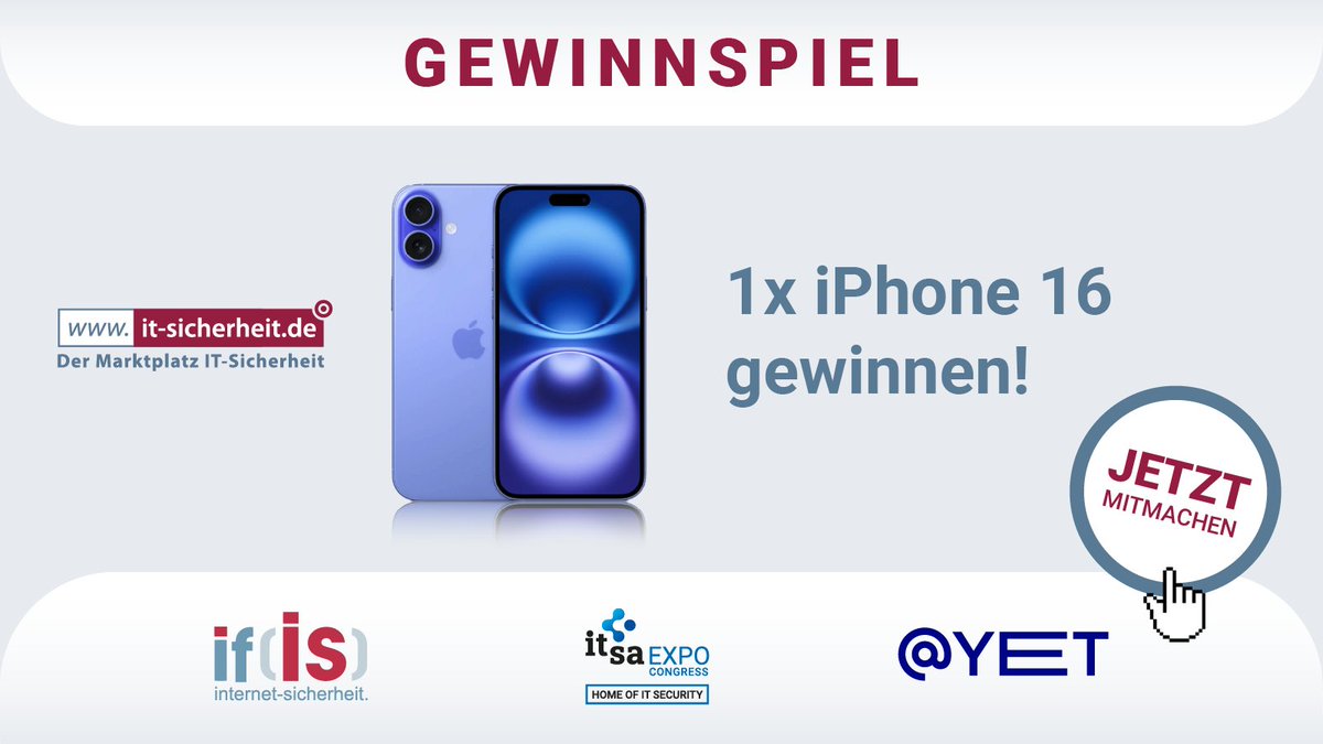 if(is), it-sa, iPhone – Institut für Internet-Sicherheit lädt zum Gewinnspiel* ein.🍀📱
Alles Infos zur Teilnahme gibt es unter: it-sicherheit.de
*„Dieses Gewinnspiel steht in keiner Verbindung zu X und wird nicht von X gesponsert, unterstützt oder organisiert.“