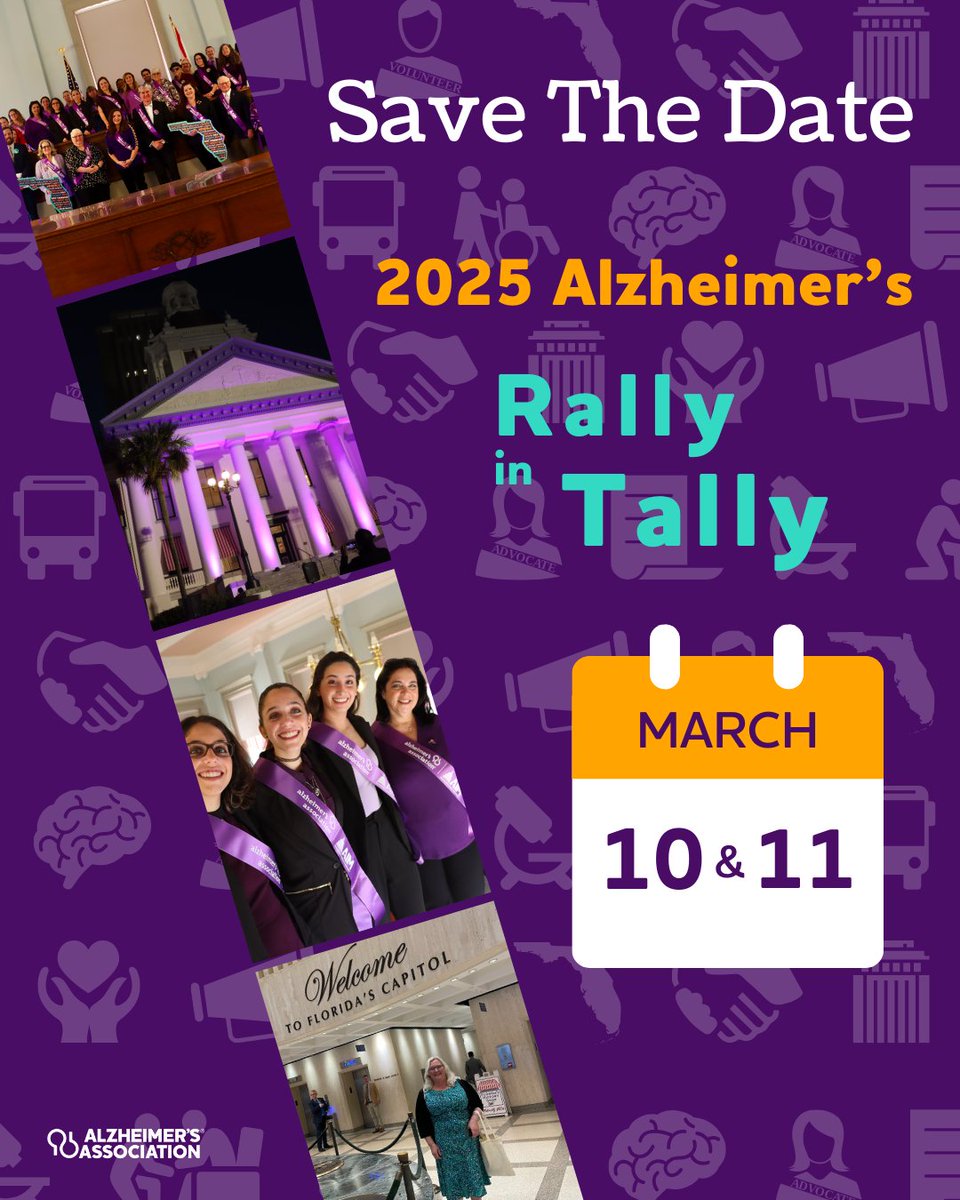 AlzAdvocacyFL's tweet photo. Mark your calendars! We are thrilled to share our 2025 Rally in Tally dates. Join us in Tallahassee as we turn the Capitol purple &amp; raise awareness for the 580,000 Floridians living with Alzheimer's and their caregivers. Questions? please email Jenn Braisted at jbraisted@alz.org. https://t.co/F3qXsu2kNe