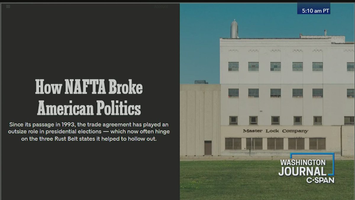 CSPANClassroom's tweet photo. Contributing writer for "The New York Times Magazine" (@NYTmag) @dankaufman70 discussed his recent reporting on the impact the North American Free Trade Agreement has had on politics and presidential elections: https://t.co/1E7F06ztWo.

#NAFTA #Campaign2024 #Trade #Econ #APEcon https://t.co/P17YGME4o9