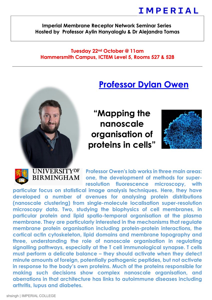 ICL_Receptors's tweet image. Dear Membrane Receptor Network Members,
Just a reminder of Prof Dylan Owen’s seminar tomorrow at 11 am, ICTEM rooms 527/528, Hammersmith Campus. Please let me know if any of you needs access to ICTEM.