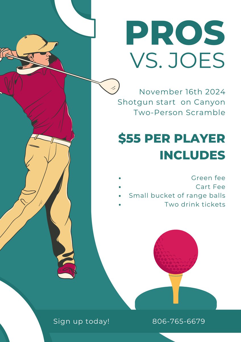 MeadowbrookG's tweet photo. Come out and join us for our Joes vs Pros tournament November 16! Sign ups can be done inside the pro shop or over the phone. Please call (806)765-6679 for any questions you may have! https://t.co/0YzP1VjW4m