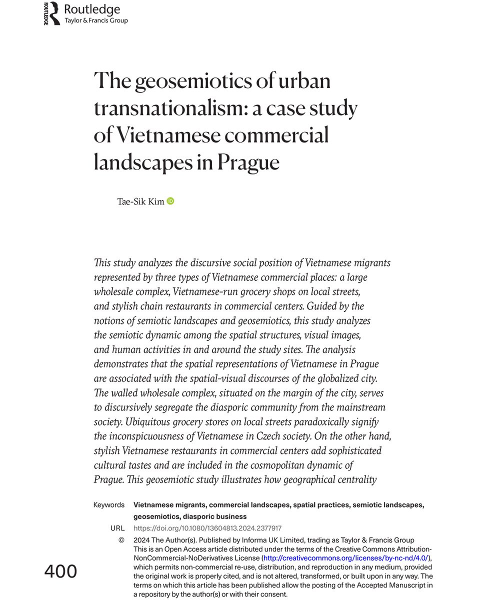 All week we are (re)sharing pieces from the most recent double issue of CITY, Vol 28.3-4. Next up is: 
"The geosemiotics of urban transnationalism: a case study of Vietnamese commercial landscapes in Prague"
by Tae-Sik Kim