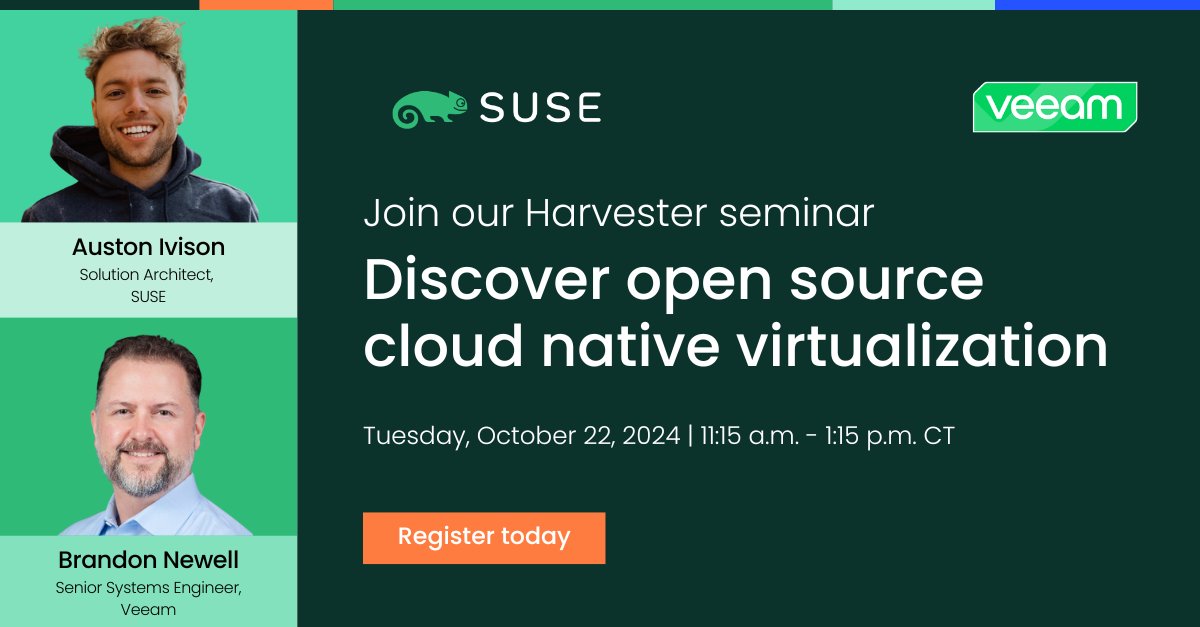 SUSE's tweet image. 🚀 Are you looking to gain flexibility, reduce cost and eliminate vendor lock-in with your virtualization environment? 👉Join #SUSE &amp;amp; @Veeam tomorrow for a 2-part virtual demonstration and get a firsthand look at #Harvester &amp;amp; Veeam Kasten. 🔗Register: okt.to/Yusp2G