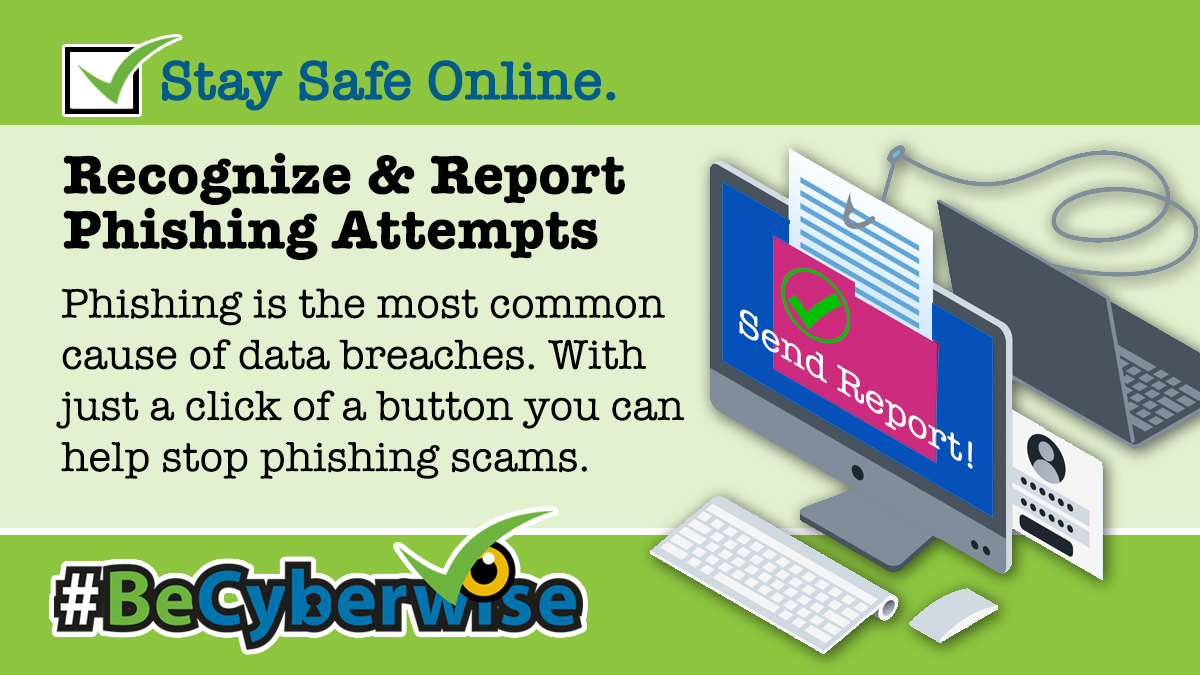 NTCAconnect's tweet image. The last #BeCyberwise consumer topic for #CybersecurityAwarenessMonth is #phishing. Phishing is when cybercriminals try to access your info or install malware on your device by getting you to click on a bad link or download an attachment in an email, social media post or message.