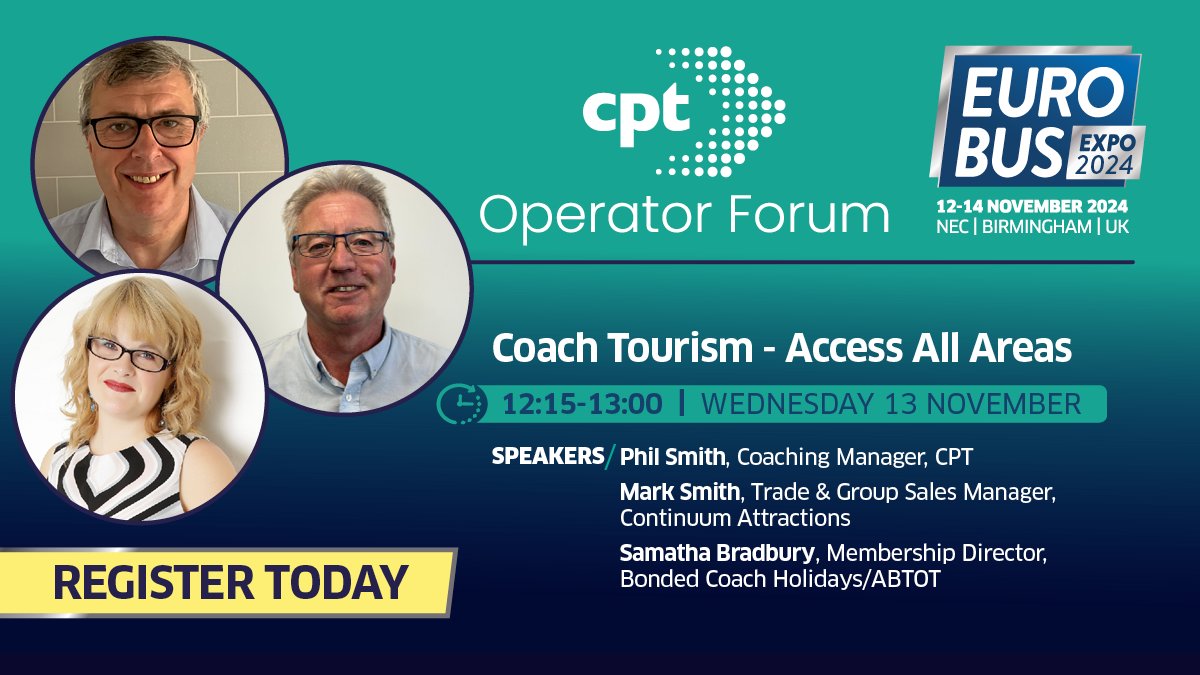 EuroBusExpo's tweet photo. 🚌 Day 2 - @CPT_UK Operator Forum continues at 12:15 with a look at how operators are overcoming barriers in couch tourism &amp; preparing for changes like the EU Entry/Exit system 🔗 See the full programme >>> https://t.co/Fdmkm5uRZc #EuroBusExpo #CPTOperatorForum https://t.co/MtkbNXH3e4