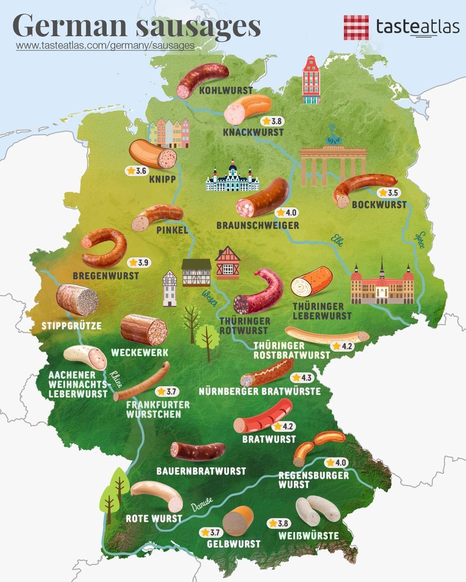 The most German map I could possibly show you is obviously a sausage map. The Bavarian Weißwurst not scoring a five star rating is scandalous.