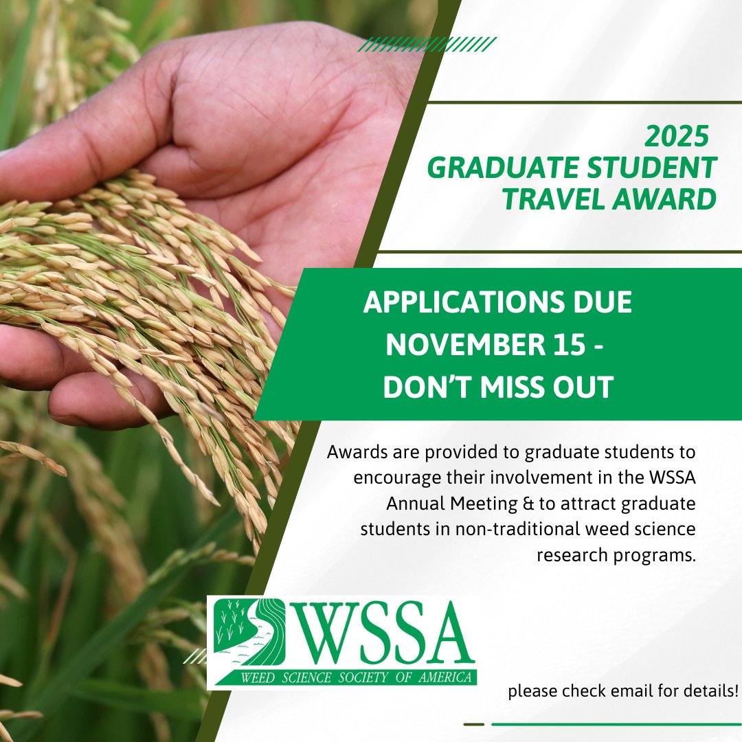 WorldofWeeds's tweet image. Applications are being accepted for the 2025 WSSA Graduate Student Travel Award! Submission materials are due by November 15!

#WSSA #gradstudents #invasiveplants #weedscience #research #forestry #agriculture #naturalareas #rangelands #crops #aquatics #WSSA2025