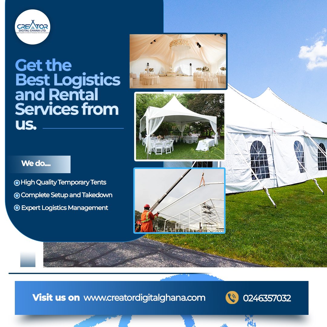GhCreator's tweet photo. New week, new events! 🎪 Planning a party, festival, or corporate event? We've got you covered with our top-notch temporary tents and event logistics. Let us handle the details so you can focus on the fun! 
Call us on +233246357032 or visit https://t.co/4dKi2oYaoN. 
 #Tents https://t.co/0QOl1PbTZM