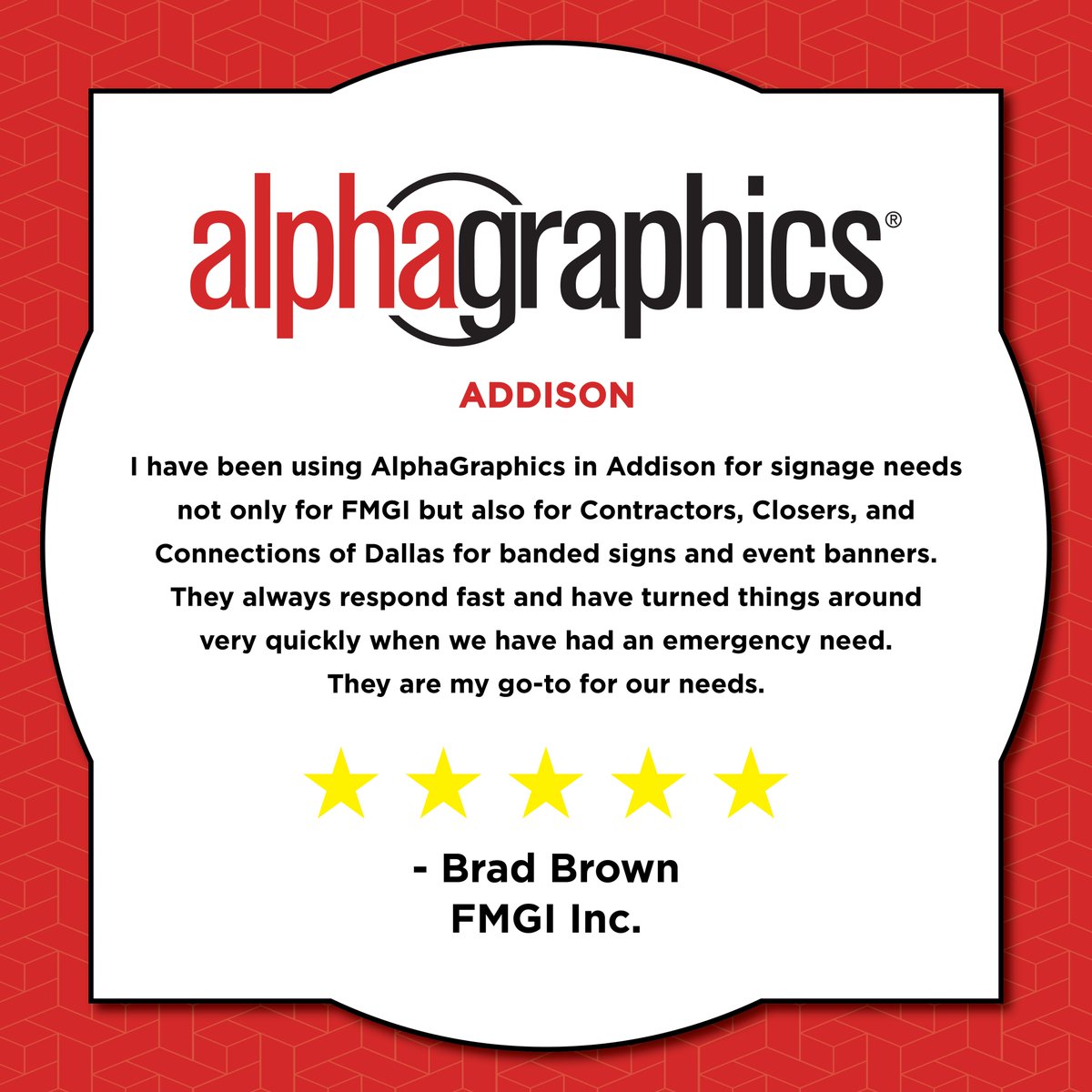 AlphaAddison391's tweet image. ⭐⭐⭐⭐⭐
Five Stars!
We aim to please!
Thank you for the wonderful customer review, Brad!
#alphagraphicsaddison #AlphaGraphics #addisontx #printing #printshop #reviews #review #customerreview