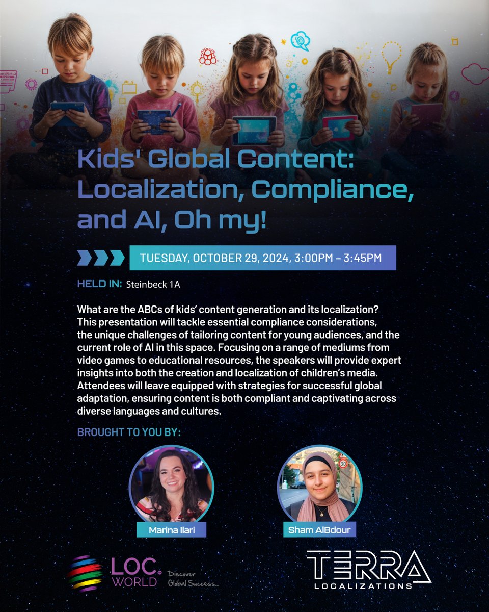 Terra_Loc's tweet photo. Psst. A little reminder today! 🗣️
#LocWorld52 is just around the corner. Don’t forget to drop by Marina and Sham Al Bdour’s talk “Kids’ Global Content: Localization, Compliance, and AI, Oh my!” Mark your calendars so you don’t miss it!
#Localization #Conference #Gameloc https://t.co/wneZoziPjZ