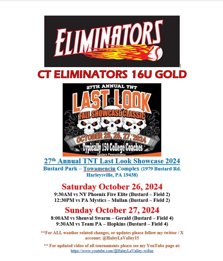 We are not done yet!!!  Schedule for this weekends TNT Last Look Showcase in PA!  Looking forward to getting out there with my team 1 more time this fall!  Lets get it ladies!
<a href="/CTEliminator_SB/">CTEliminators_Softball</a> <a href="/USAElite_Jen/">USA Elite</a> <a href="/CoastRecruits/">Coast 2 Coast Recruits</a> <a href="/IHartFastpitch/">I❤️Fastpitch</a> <a href="/UncommittedUsa/">UncommittedPlayersUSA</a> <a href="/UncommittedUTR/">Under The Radar 𝕏</a>