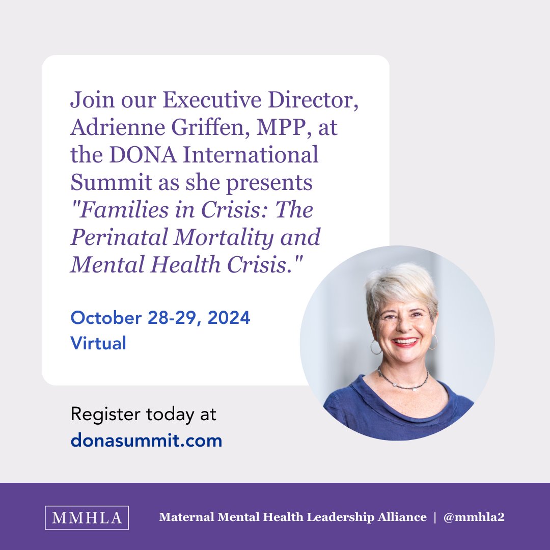 Maternal Mental Health Leadership Alliance (MMHLA) (@mmhla2) on Twitter photo Next week, our Executive Director speaks at the <a href="/DONAIntl/">DONA International</a> Summit on the perinatal mortality crisis and mental health. Don't miss key insights on risks, signs, and interventions.
🔗 Register: hubs.la/Q02V1PHh0 Next week, our Executive Director speaks at the <a href="/DONAIntl/">DONA International</a> Summit on the perinatal mortality crisis and mental health. Don't miss key insights on risks, signs, and interventions.
🔗 Register: hubs.la/Q02V1PHh0