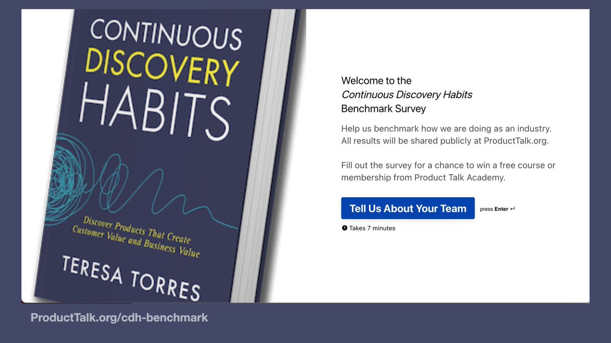 ttorres's tweet photo. Curious about how your team measures up when it comes to continuous discovery?
So are we. We are collecting data to provide a clear benchmark.
Help us out by telling us about your team’s discovery habits: https://t.co/VDBv8HnHEQ
#CDHBenchmark #prodmgmt #ux #engineering https://t.co/NwlhHn5RcN