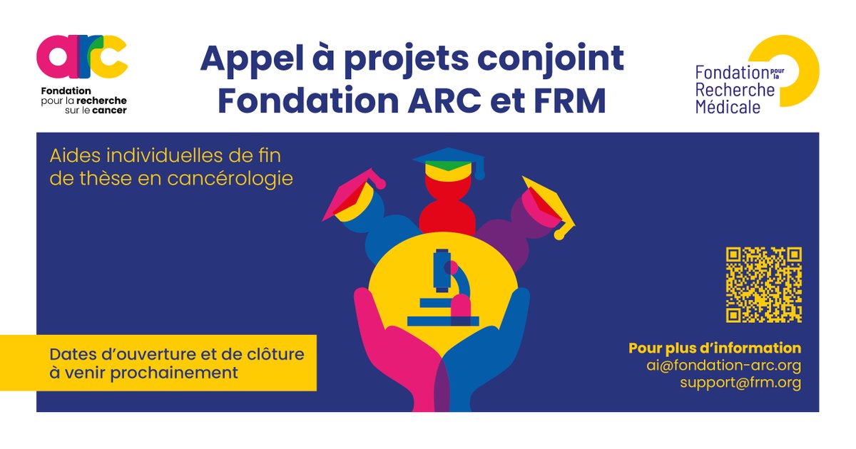Fondation pour la Recherche Médicale (@frm_officiel) on Twitter photo La <a href="/FondationARC/">Fondation ARC</a> et la <a href="/FRM_officiel/">Fondation pour la Recherche Médicale</a> lancent un appel à projets conjoint pour les 4èmes années de thèse en cancérologie. Simplification des dépôts et soutien renforcé pour nos jeunes chercheurs !
#Recherche #Cancer #Innovation #Soutien #FRM #FondationARC
Plus d'infos bientôt ! La <a href="/FondationARC/">Fondation ARC</a> et la <a href="/FRM_officiel/">Fondation pour la Recherche Médicale</a> lancent un appel à projets conjoint pour les 4èmes années de thèse en cancérologie. Simplification des dépôts et soutien renforcé pour nos jeunes chercheurs !
#Recherche #Cancer #Innovation #Soutien #FRM #FondationARC
Plus d'infos bientôt !