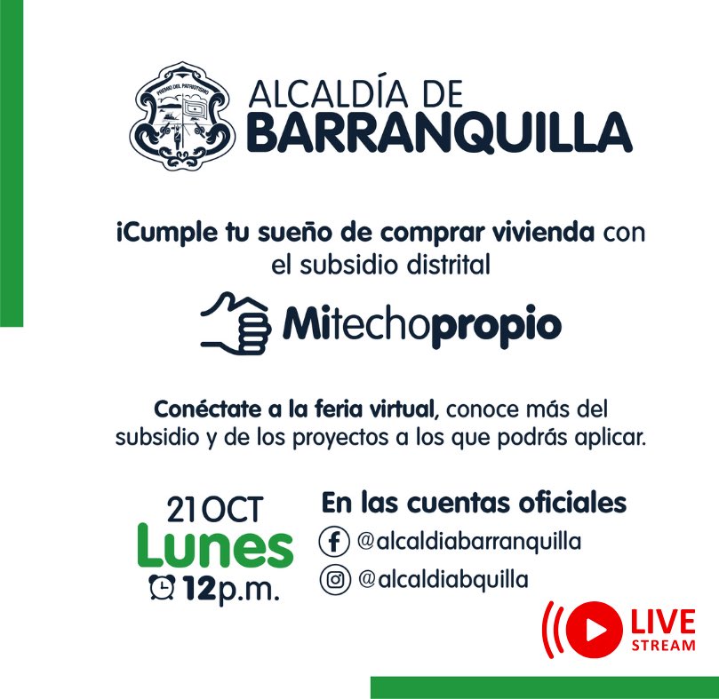 El subsidio distrital #MiTechoPropio ya está cambiando la vida de cientos de barranquilleros, ¡y tú puedes ser el próximo! 

📣 ¡Conéctate hoy a la feria virtual! Conoce todos los detalles del subsidio, resuelve tus dudas y entérate de los proyectos a los que puedes aplicar.

Con