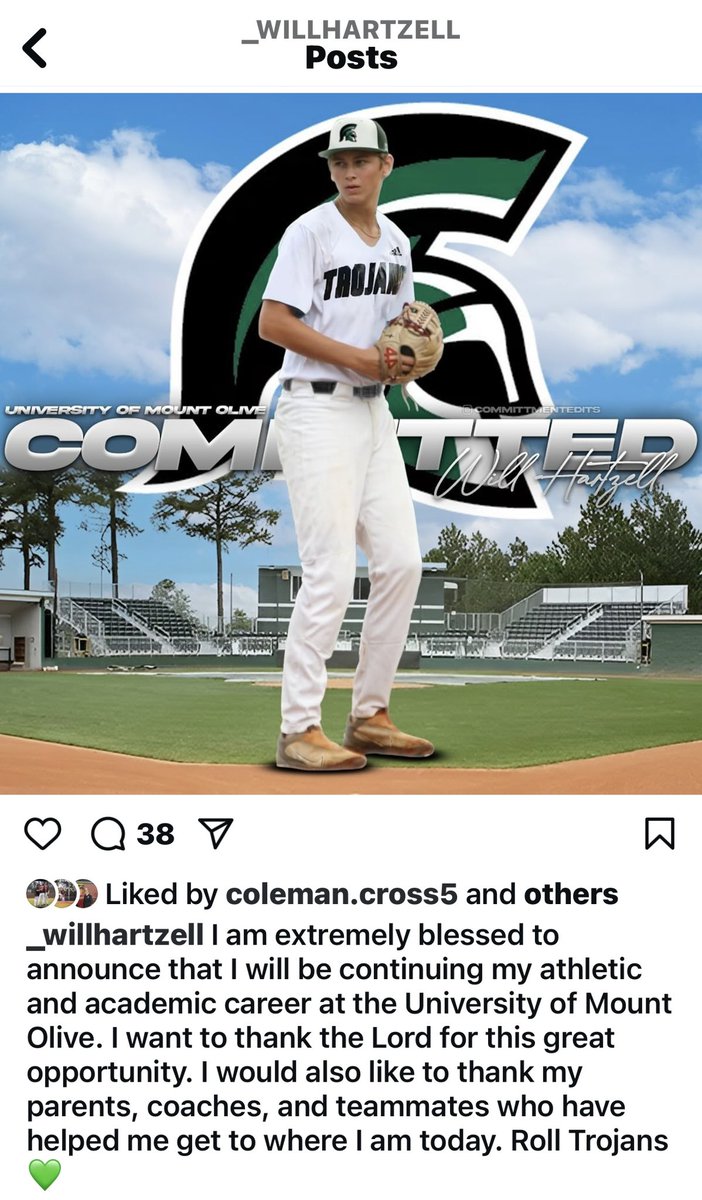 Congratulations to <a href="/WillHartzell45/">Will Hartzell</a> on his recent commitment to <a href="/UMOBaseball/">UMO Trojan Baseball</a>. Proud of you and looking forward to following your journey with the Trojans.
~Coach Brian