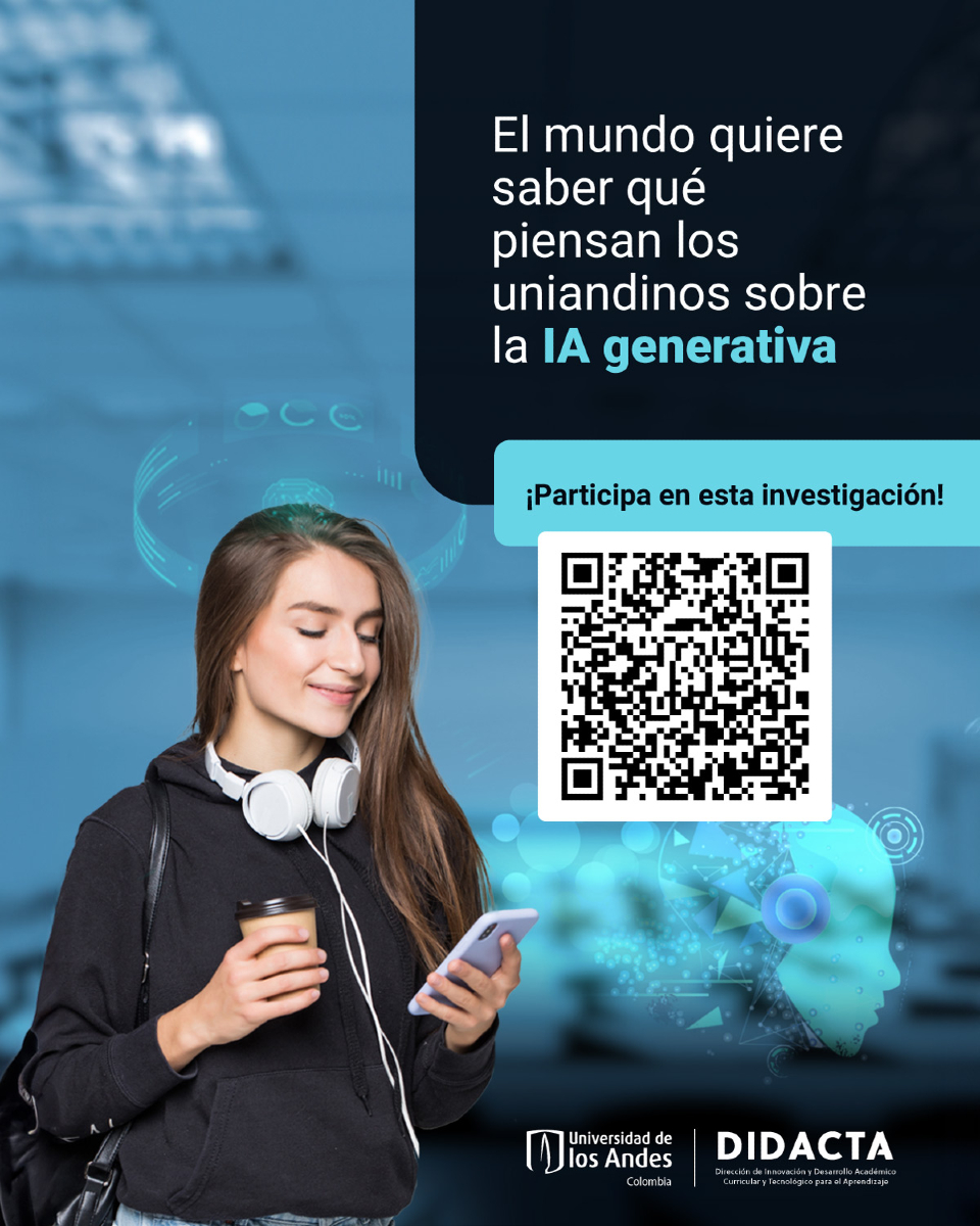 DISCuniandes's tweet photo. ¡Atención, uniandinos! 📢 La IA generativa está revolucionando el mundo y queremos conocer tu opinión. Participa en nuestra encuesta y forma parte de esta investigación. ¡Tu voz cuenta! 👉 https://t.co/biYcjRP5ml https://t.co/plmtnspSUH