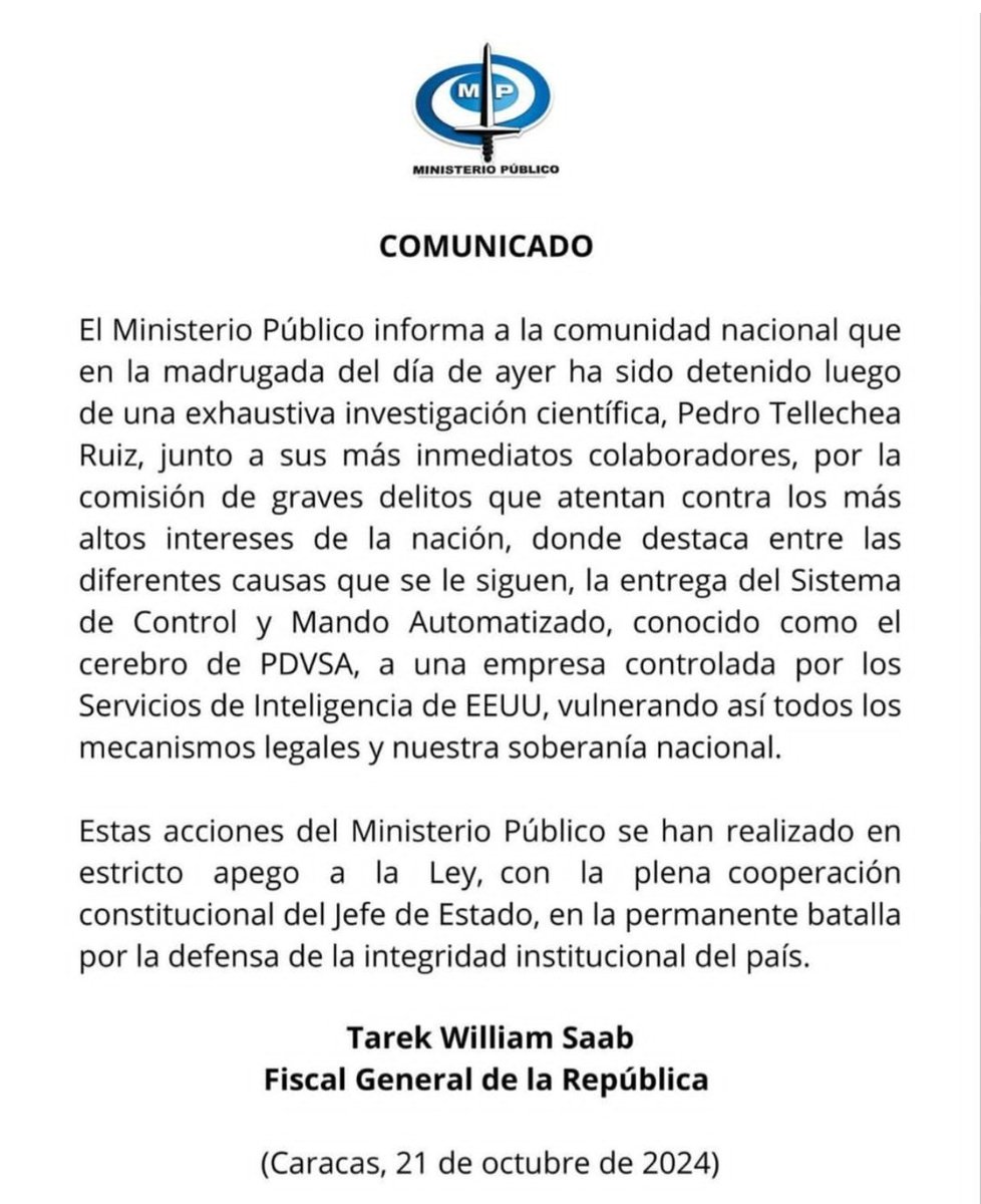 Ministerio Público confirma la detención de Pedro Tellechea y "sus más cercanos colaboradores por entregar el cerebro de Pdvsa a EEUU"...
