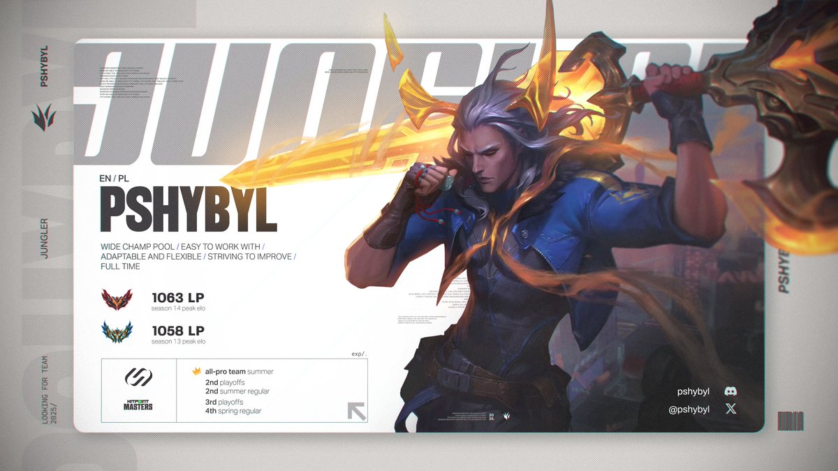 LFT Jungler❗️

Hi, I'm still contracted to <a href="/UNiTYesports_eu/">UNiTY ESPORTS</a>, but I've been allowed to explore options for 2025.

Contact via DMs or <a href="/CyrilBerges/">Cyril Bergès</a> 
VODs upon request
References: <a href="/saudalol/">Sauda</a> <a href="/HildebrandtLol/">Hildebrandt</a> 

🔁&amp;❤️appreciated!