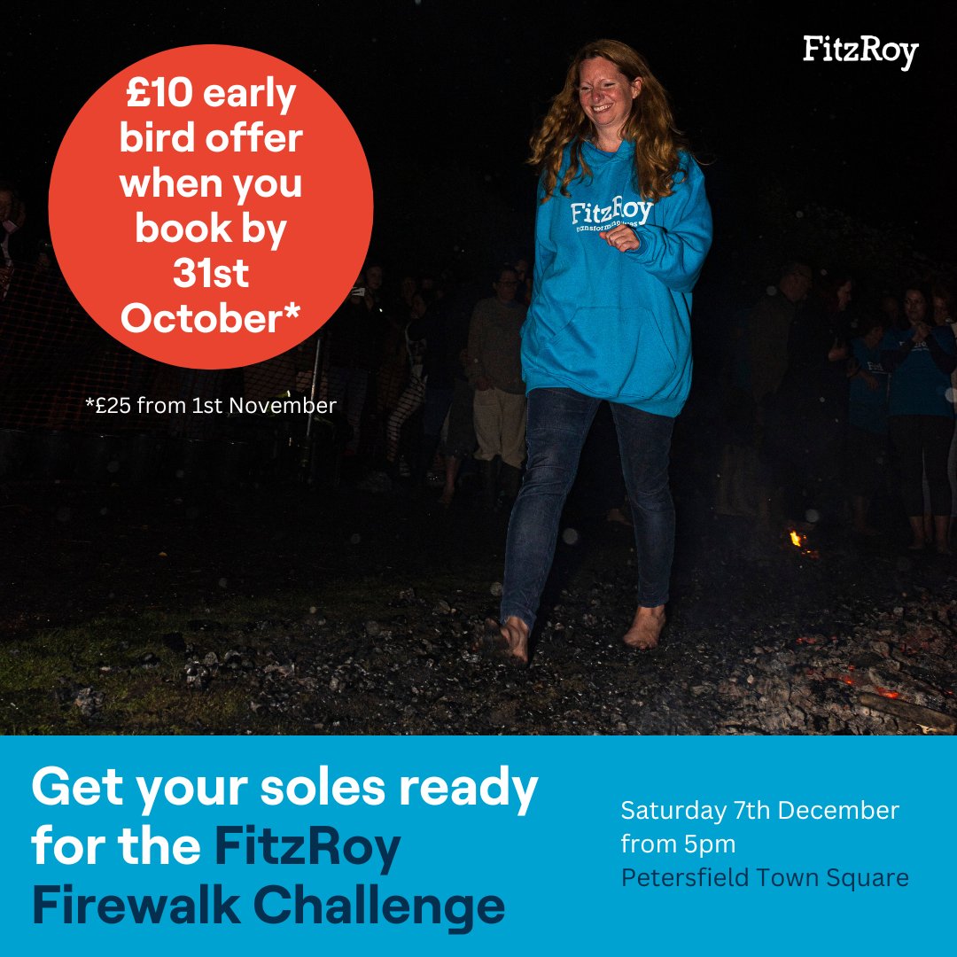 📢 Don't miss our Early Bird offer! Book your spot for the annual FitzRoy #Firewalk Challenge for just £10 before 31st October 2024.

Join us on Saturday 7th December at 5 PM in #Petersfield Town Square.

Register and find out more at fitzroy.org/events/fitzroy…
