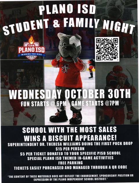 Upcoming Spirit Night is with the Allen Americans next Wednesday, October 30th,  at 6pm and first puck will be dropped at 7pm:  fevo-enterprise.com/event/Planoisd3. For every ticket purchased by our Panther community, $5 will be donated back to our campus. See flyer for more information!
