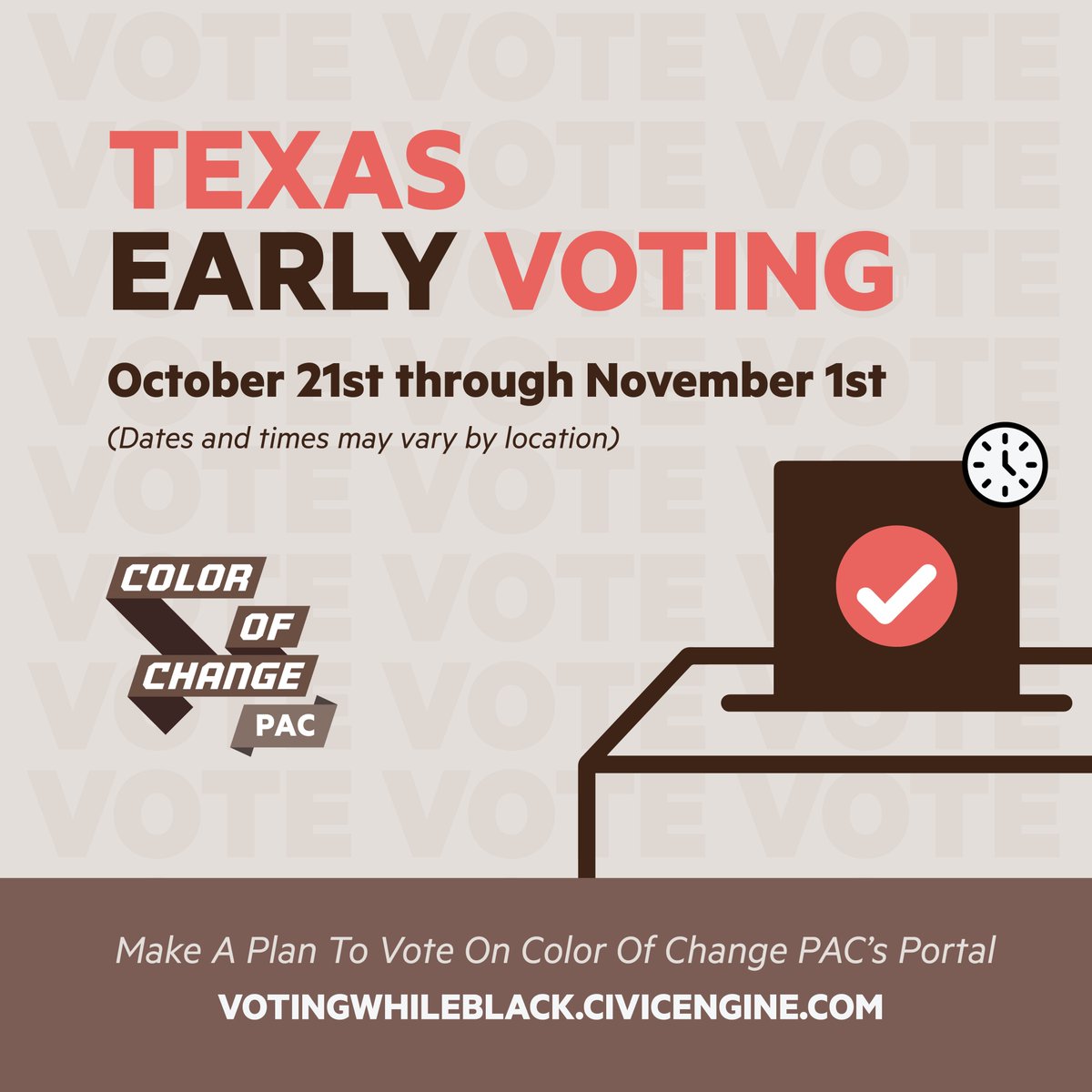 votingwhileblk's tweet image. Here's your #VotingWhileBlack update for Monday, October 21:

✔️ Pennsylvania residents: Today is your last day to register to vote!
✔️ Texas voters: Early voting starts today in the Lone Star State and goes until November 1!

Get #VoteReady at votingwhileblack.civicengine.com.
