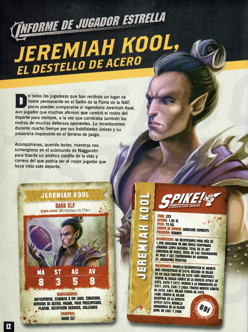 Jeremiah Kool, superestrella de la época dorada vuelve a los terrenos de juego.

Placar
Esquivar
Recepción Heroica
Pase Precipitado
+ Habilidad Especial

Mov 8
Ag 1+

320.000mo

En principio, leyendo el artículo, parece que pierde algunas habilidades respecto al 2016

#BloodBowl