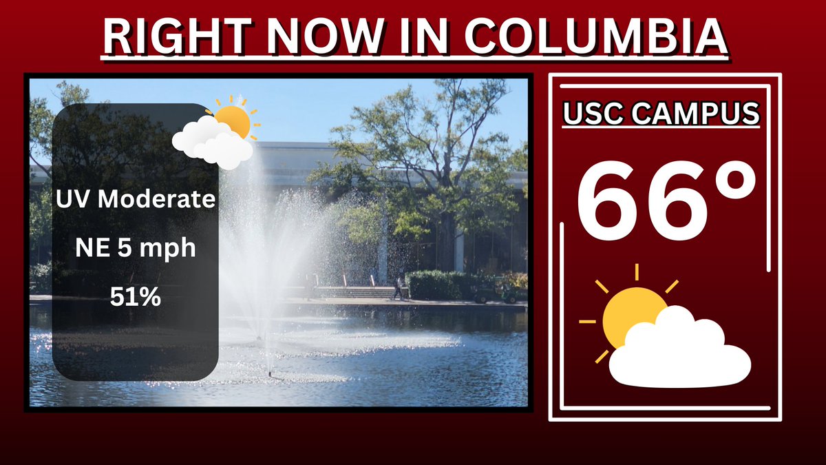 bfryeofficial's tweet photo. Here is the weather right now on the University of South Carolina's campus! For more on weather, I'll have more on @USCCarolinaNews at 4pm. https://t.co/Vlds44Jf92