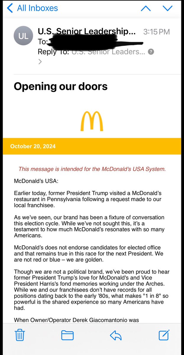 McFranchisee's tweet photo. @NoahCZuss @McDonalds 100% - internal statement from the US Leadership team to the US system yesterday. https://t.co/5wpi0sNIvs