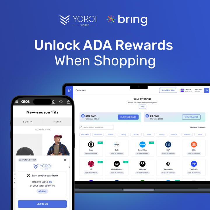 YoroiWallet's tweet photo. Exciting News for #Cardano!

We are is partnering with @BringWeb3, the first white-label crypto cashback platform, to allow users to passively accumulate ADA through shopping rewards! 

💳 Users will be able to earn ADA “cashback” while shopping with over 775 global retailers https://t.co/RkLEYquPvK