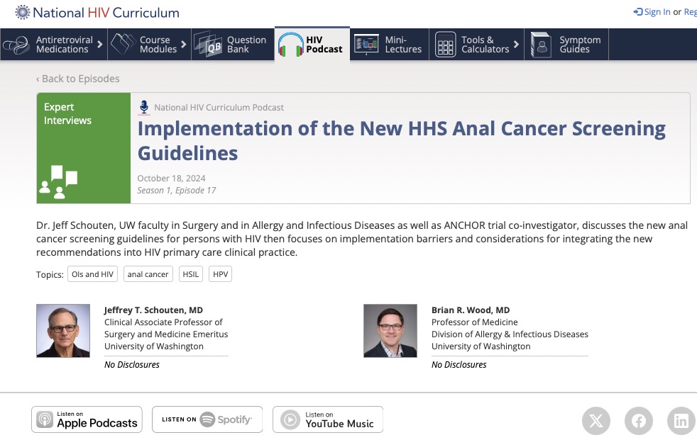 UW_IDEA's tweet image. NEW National HIV Curriculum Podcast episode dives into implementation barriers and considerations for integrating the new Anal Cancer Screening GLs into HIV primary care clinical practice. Listen on your podcast app or bit.ly/48gzf24