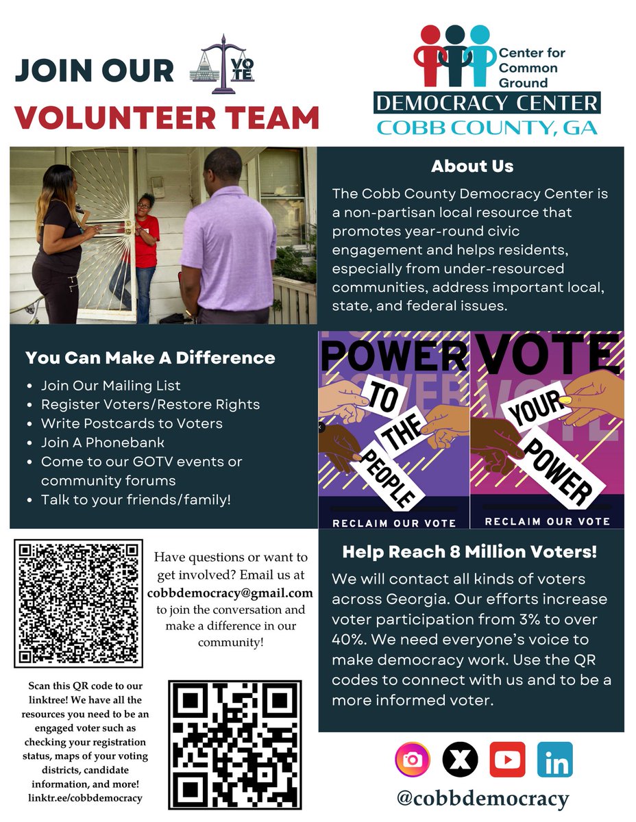 cobbdemocracy's tweet photo. Get involved with CCDC as a volunteer! We need volunteers for phonebanking, canvassing, and postcarding. https://t.co/w6KsItKK7C
