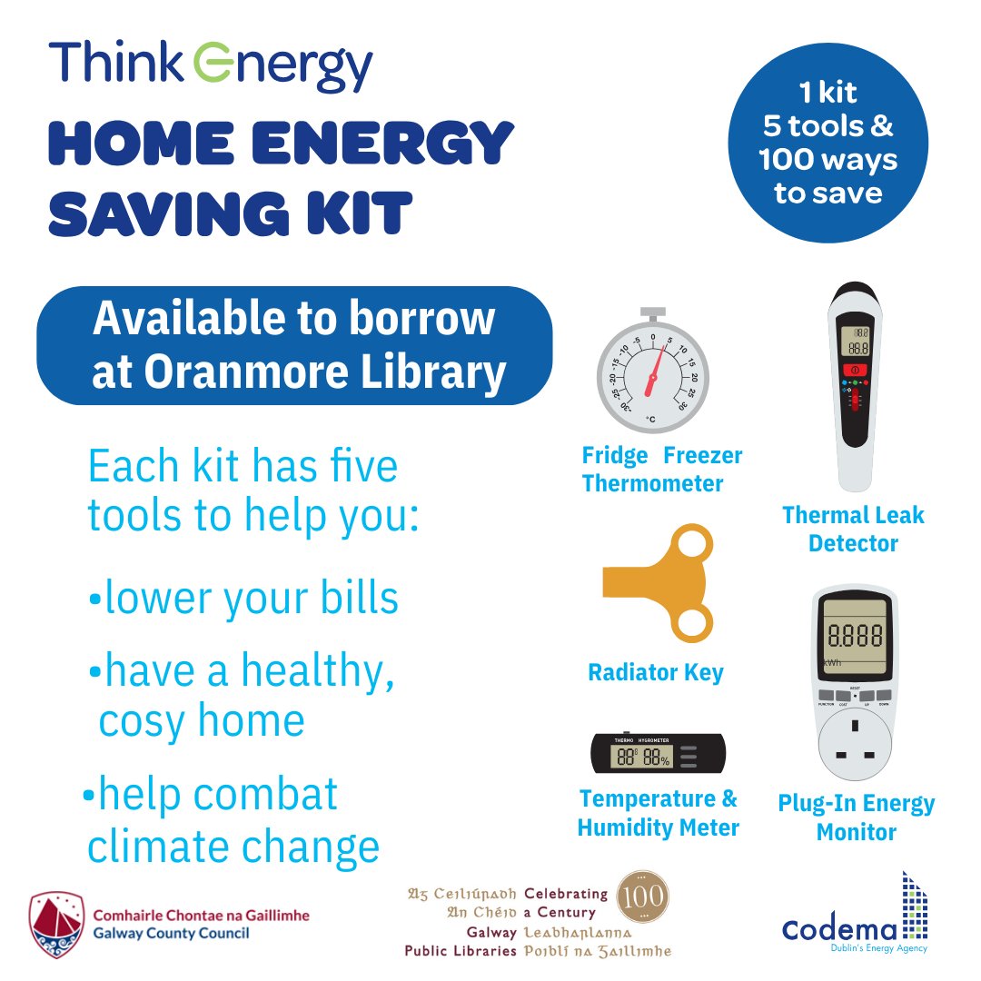 OranmoreLibrary's tweet photo. Home Energy Saving Kit: 

Borrow a kit from Oranmore Library for two weeks and learn how to take charge of your home energy. 

#CostOfLiving #MoneySavingTips #EnergySavingTips #ApartmentHacks #HomeHacks #EnergyHacks

@CodemaDublin @EnergySavingKit @LibrariesGalway https://t.co/iBB6qBWhkH