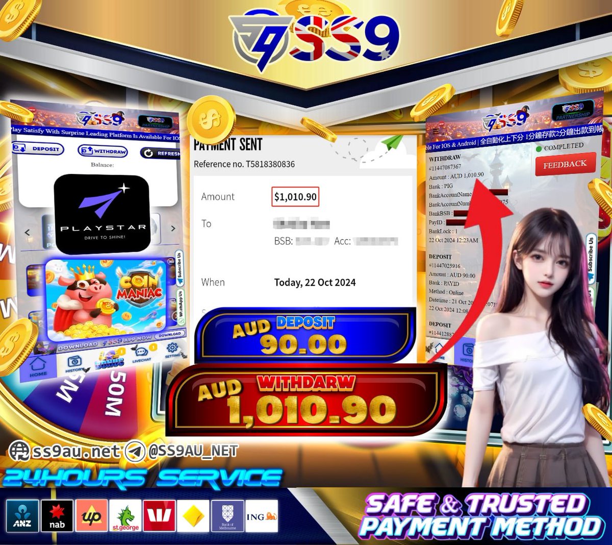 SS9AU_NET's tweet photo. 🦢Play Satisfy with Surprise🦢
🌟 SS9 Australia🇦🇺 | E-Wallet 🌟

DEPOSIT :   AUD 90.00
PROVIDER  : PLAYSTAR (COIN MANIAC)
WITHDRAW :  AUD 1010.90

🟢 FREE AUD 8.99
🟢 New Register Free (Non-Deposit)
🟢 365Days Free Chips $0.1 - $1 https://t.co/4w4Kr0z1HH