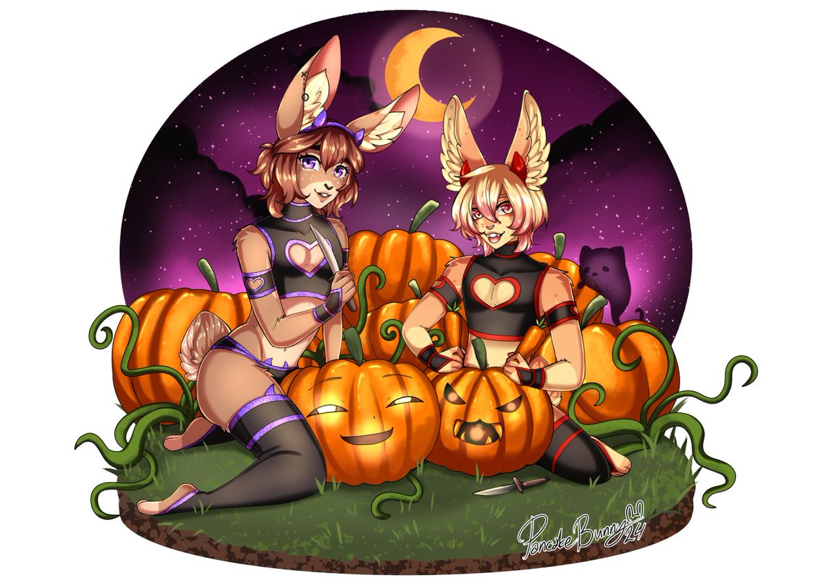 It is this time of the year again!
We have Succubuns Pancake carving pumpkins with a friend :P
<a href="/Unthebunbun/">Bunny Witch Un 🐰</a>  thank you again so much for commissioning me this <3 I love our Halloween tradition x3

#furry #halloween