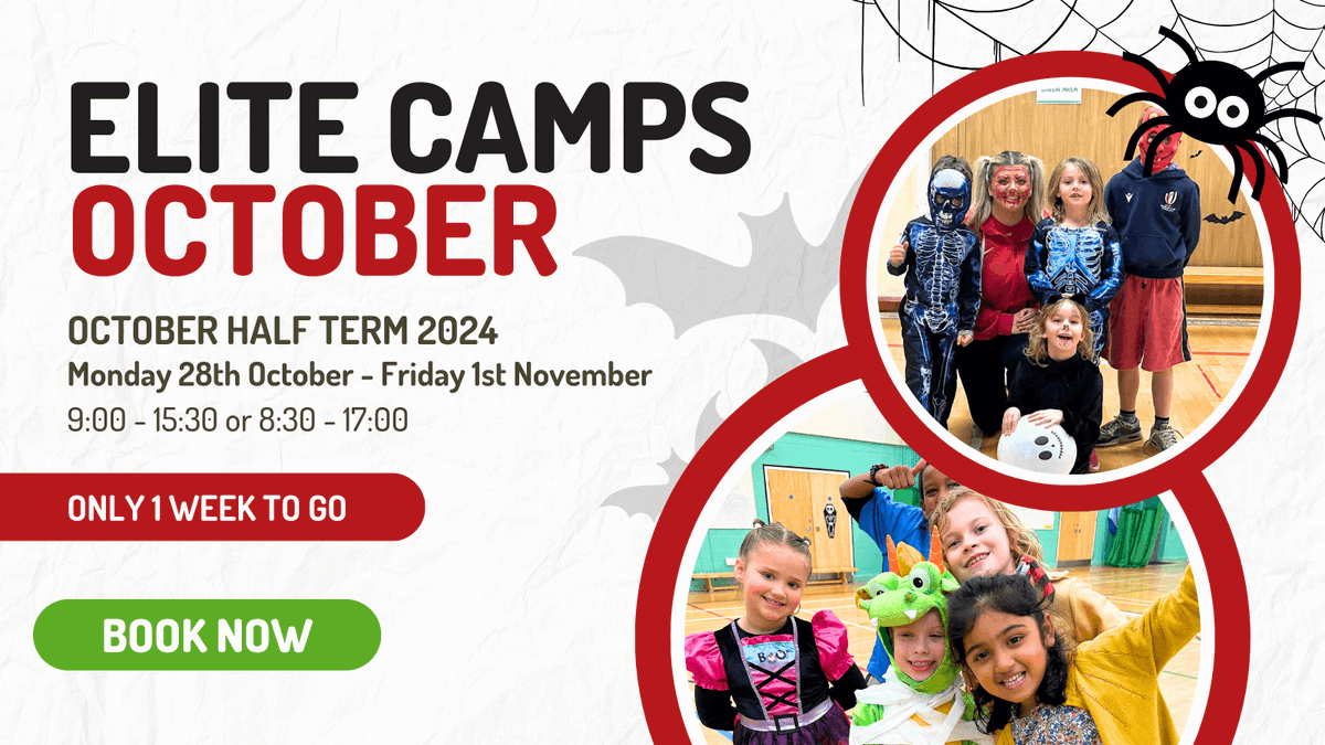 Just one week to go until our October Half-Term Camp kicks off! 🏃‍♂️🎃 Get ready for a week filled with fun activities, sports, and Halloween-themed crafts. Secure your spot now before it’s too late! 🕒👻
bookings.eliteyouthsports.co.uk/list 
#HalfTermCamp #YouthSports #HalloweenFun